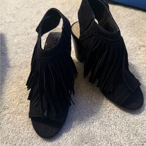 Elegant Black Fringe Open-Toe Heels